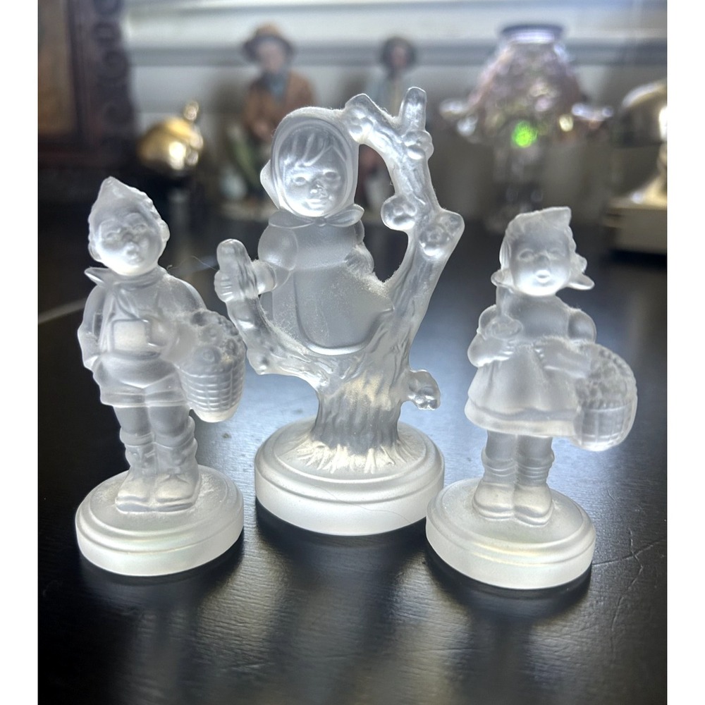 Goebel Frosted Glass Figurines Set 3 Boy, Girl, Girl in a Tree - Vintage Germany